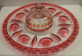 Antique Vintage Clear Ruby Glass Hors D ' Oeuvre Plate 14 Inches Dia.  With Dome photo