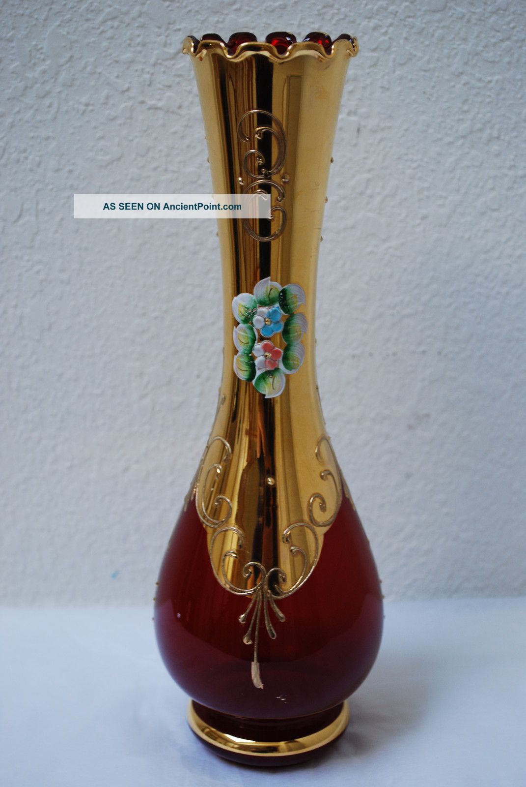 Vintage Hand Painted Hand Made Bohemian Czech Glass Vase Made In