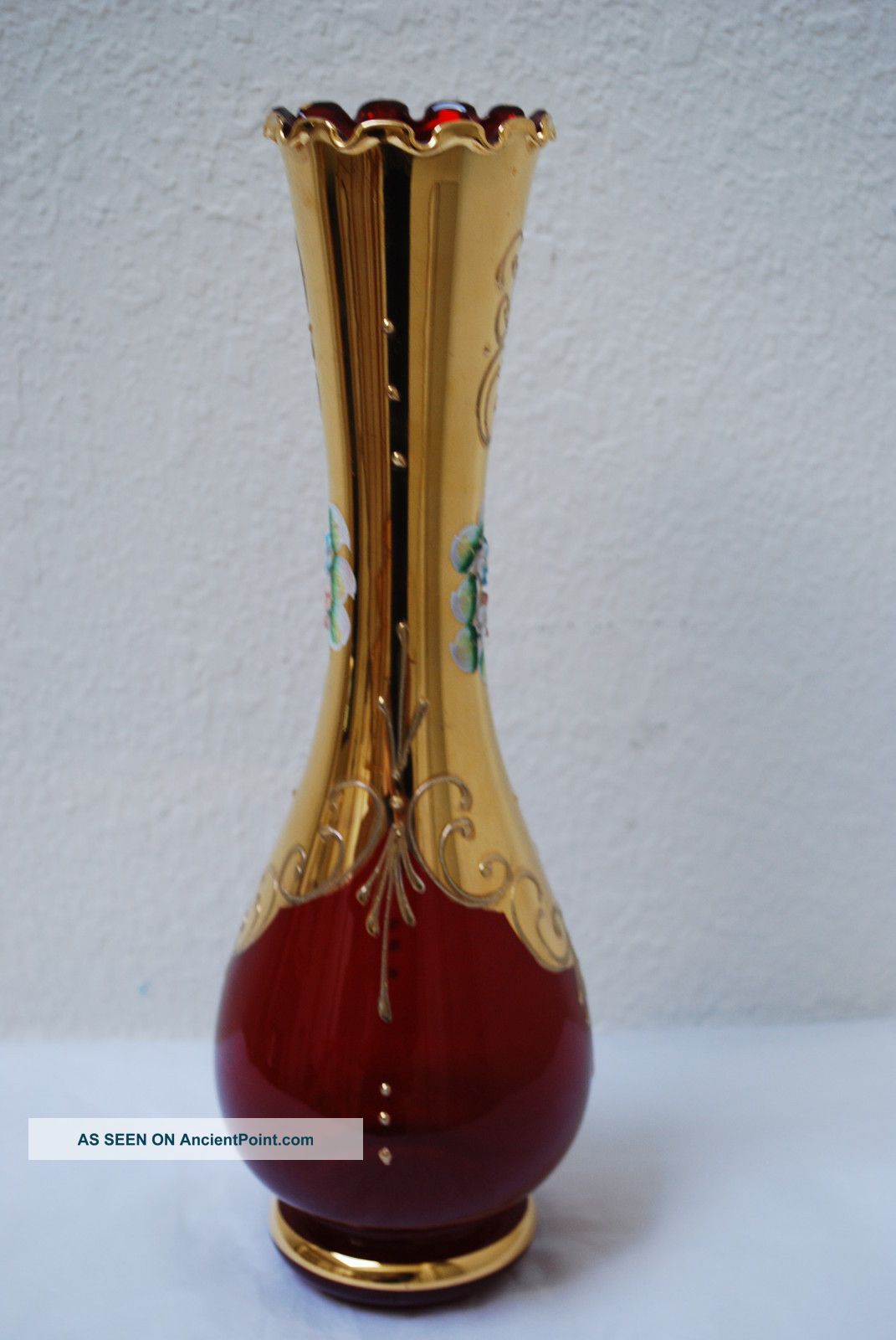 Vintage Hand Painted Hand Made Bohemian Czech Glass Vase Made In