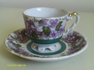 Vintage Demitasse Cup & Saucer Set Pansies/violets Purple Footed W/teal Border photo