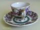 Vintage Demitasse Cup & Saucer Set Pansies/violets Purple Footed W/teal Border Cups & Saucers photo 1