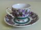 Vintage Demitasse Cup & Saucer Set Pansies/violets Purple Footed W/teal Border Cups & Saucers photo 2