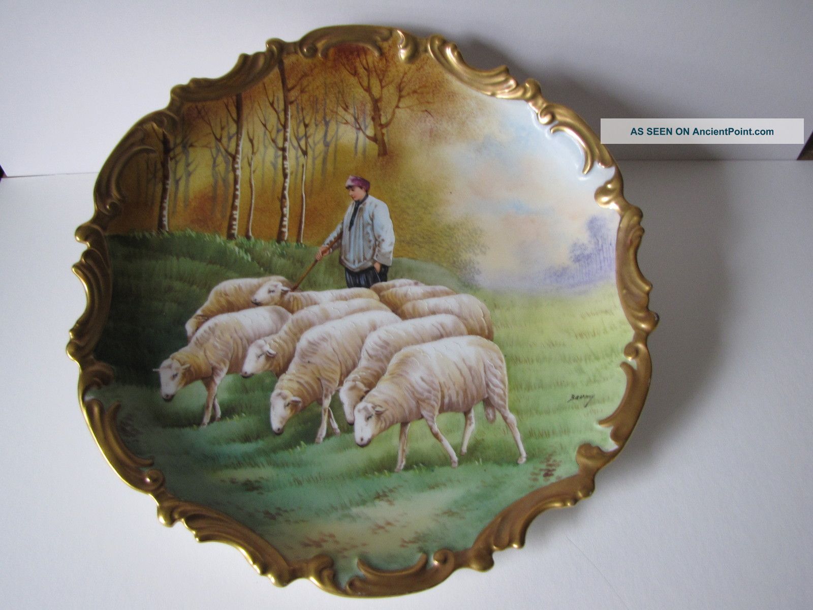 Limoge Handpainted Antique Plaque/charger Signed By Baumy With Shepard And Sheep Cups & Saucers photo