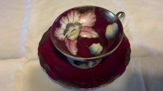 Vntg Red Iridescent W/gold Royal Sealy China 3 Footed Tea Cup And Saucer 