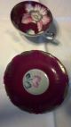 Vntg Red Iridescent W/gold Royal Sealy China 3 Footed Tea Cup And Saucer 