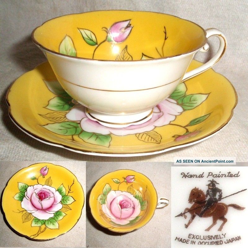 60yr Gzl Lefton Exclusively Occupied Japan Yellow & Floral Cup+saucer No Damage Cups & Saucers photo