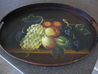 Vintage Bent Wood Oval Tray Hand Painted Fruit photo