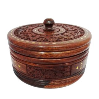 Antique Collectible Vintage Style Wooden Jewelry Storage Trinket Box Round Rwb1c photo