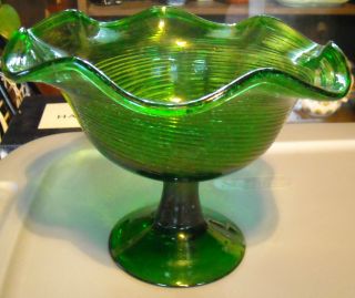 Large Mouth Blown Pedestal Bowl,  Green Depression Glass. photo