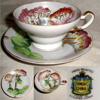 60yr Hand Paint Trimont Occupied Japan Pale Gray & Gold Floral Cup & Saucer Vgc photo