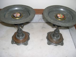 Pair Antique French Egyptian Revival Bronze,  Copper Tazzas,  Porcelain Inserts photo