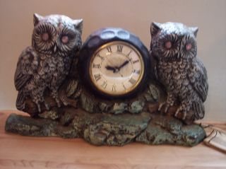 1950s Vintage Lanshire Electric Owl Figurine Shelf Mantel Clock Lavender Eyes photo