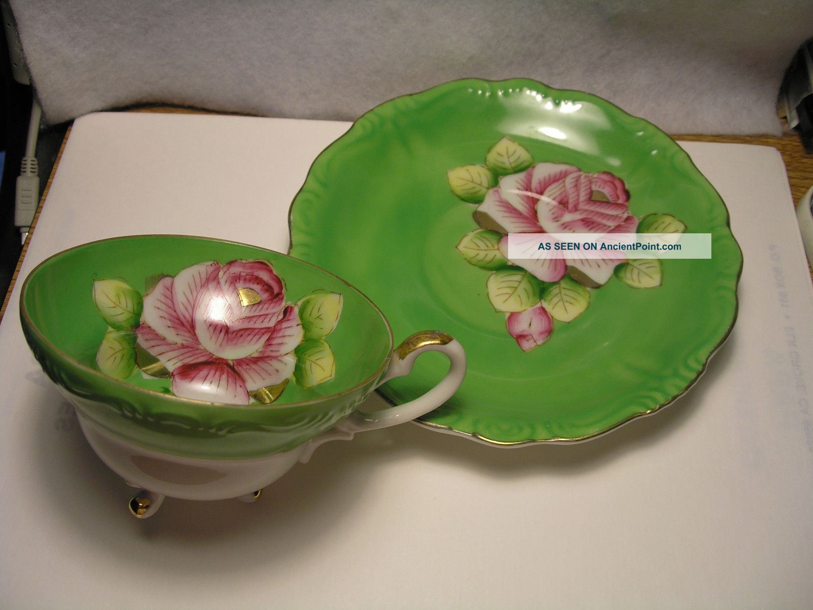 Vtg.  Bone China C & S - Very Striking Green & White With Lg.  Pink/wh Rose Cups & Saucers photo