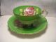 Vtg.  Bone China C & S - Very Striking Green & White With Lg.  Pink/wh Rose Cups & Saucers photo 1