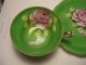 Vtg.  Bone China C & S - Very Striking Green & White With Lg.  Pink/wh Rose Cups & Saucers photo 3