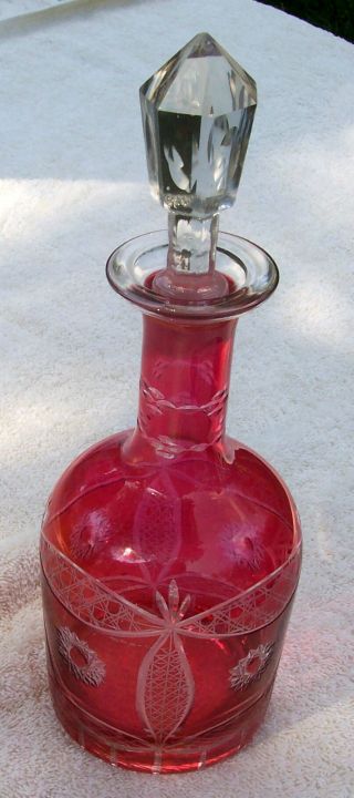 Vintage Ruby Flash Cut Cranberry Decanter With Stopper photo