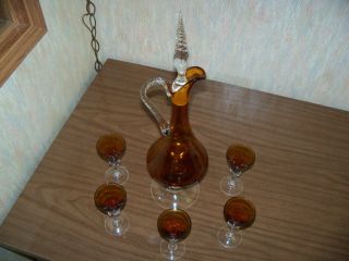 7pc Two Tone Art Glass Decanter W/ Matching Cordials photo