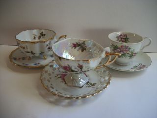 3 Sets Porcelain Cups And Saucers/unmarked Japan/wildflowers/ex.  Condition photo