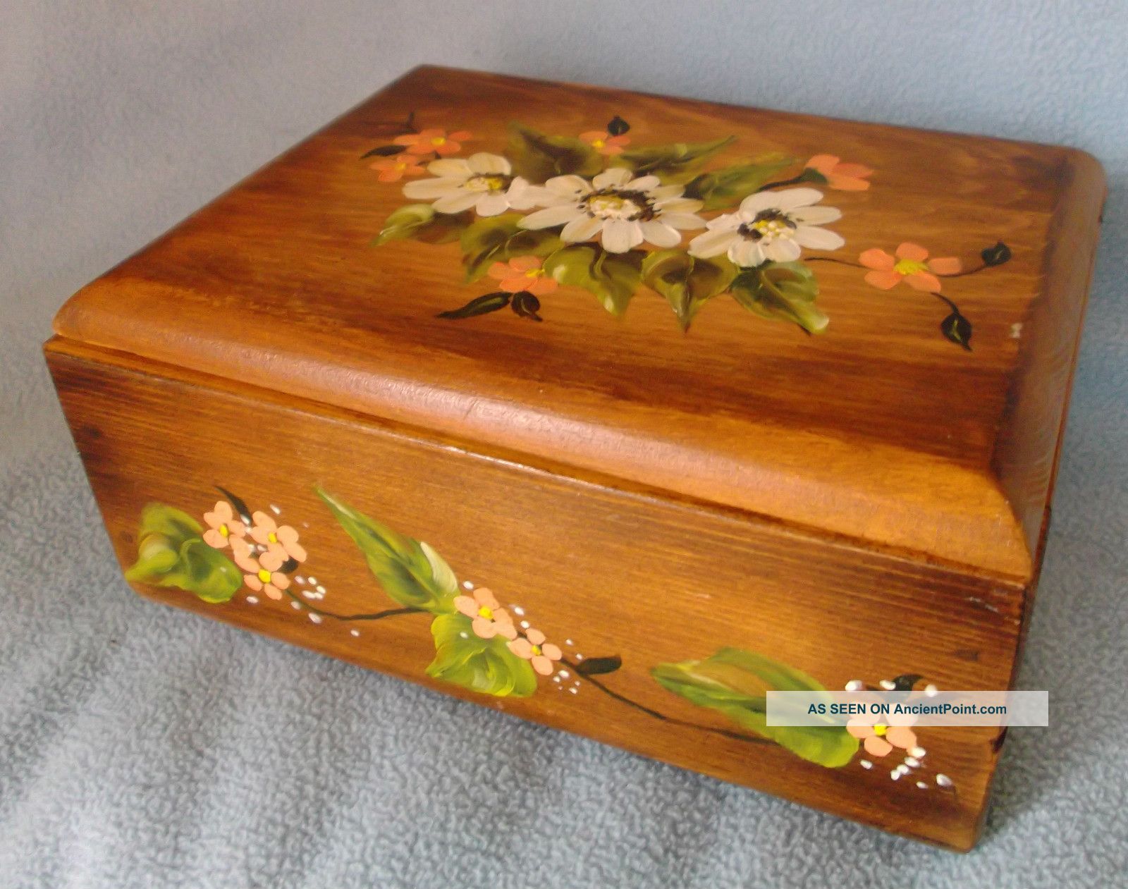 Antique Solid Wood Box Jewelry Keepsake Storage Hand Painted Floral Design Boxes photo