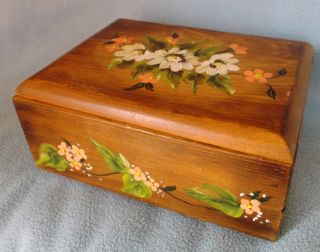 Antique Solid Wood Box Jewelry Keepsake Storage Hand Painted Floral Design photo