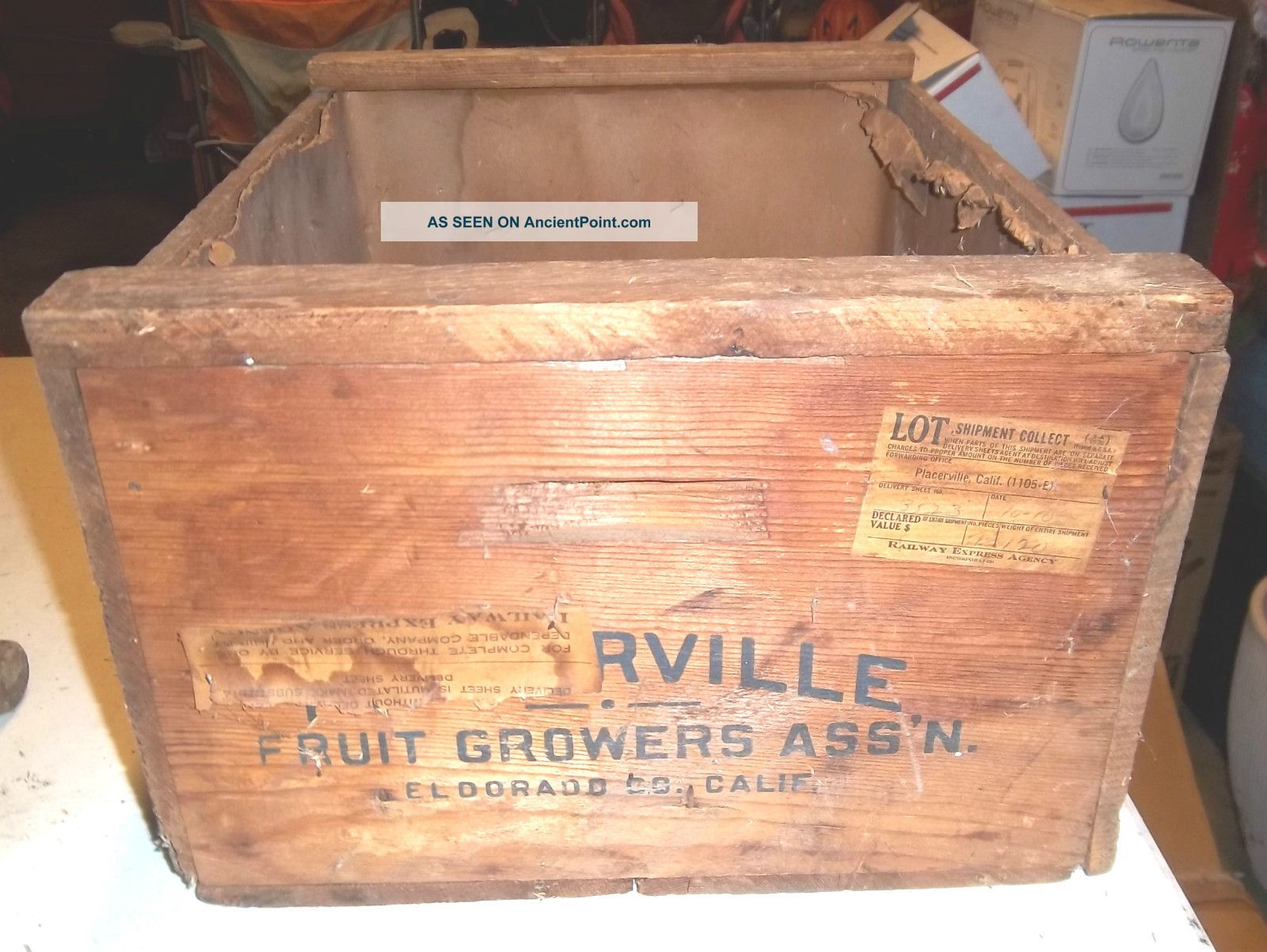 Antique 1910 Placerville Ca Fruit Growers Wood Crate & Railway Express Agency Boxes photo
