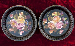 Pair Of Fine Arts Studio Tole Ware Wall Pocket Hand Painted Black Metal Trays photo