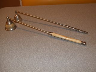2 Vintage Candle Snuffer 1 Inlaid Ox Bone Handle & 1 All Metal photo