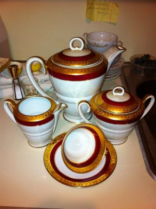 French Antique Porcelain China Tea Set Gold Trim photo
