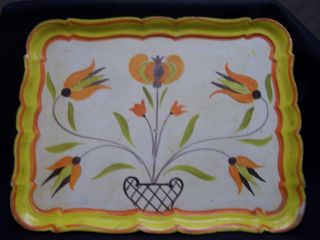 Vintage Tole Toleware Hand Painted Tray Yellow/orange Shabby Folk Art 16 X 13 photo