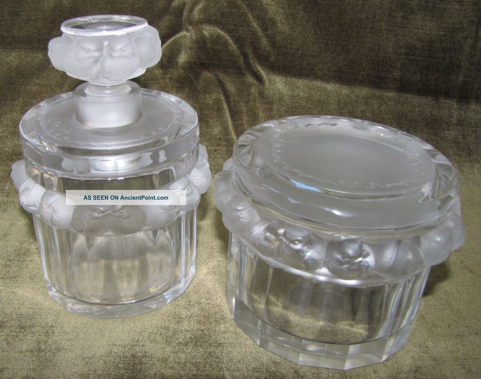 Lalique Clear And Frosted Crystal Robinson Powder Box & Perfume Bottle W/ Birds Perfume Bottles photo