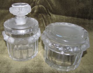Lalique Clear And Frosted Crystal Robinson Powder Box & Perfume Bottle W/ Birds photo
