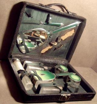 1876 Leather Case Gentleman ' S Travel Toiletry Set Brush Mirror File 5 Glass Jars photo
