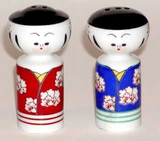 Japanese Asian Oriental Kokeshi Doll Ceramic Cute Salt & Pepper Shakers photo