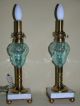 Antique Blue Glass Font Oil Lamp W/ White Marble Base,  Cleaned & Rewired Lamps photo 3