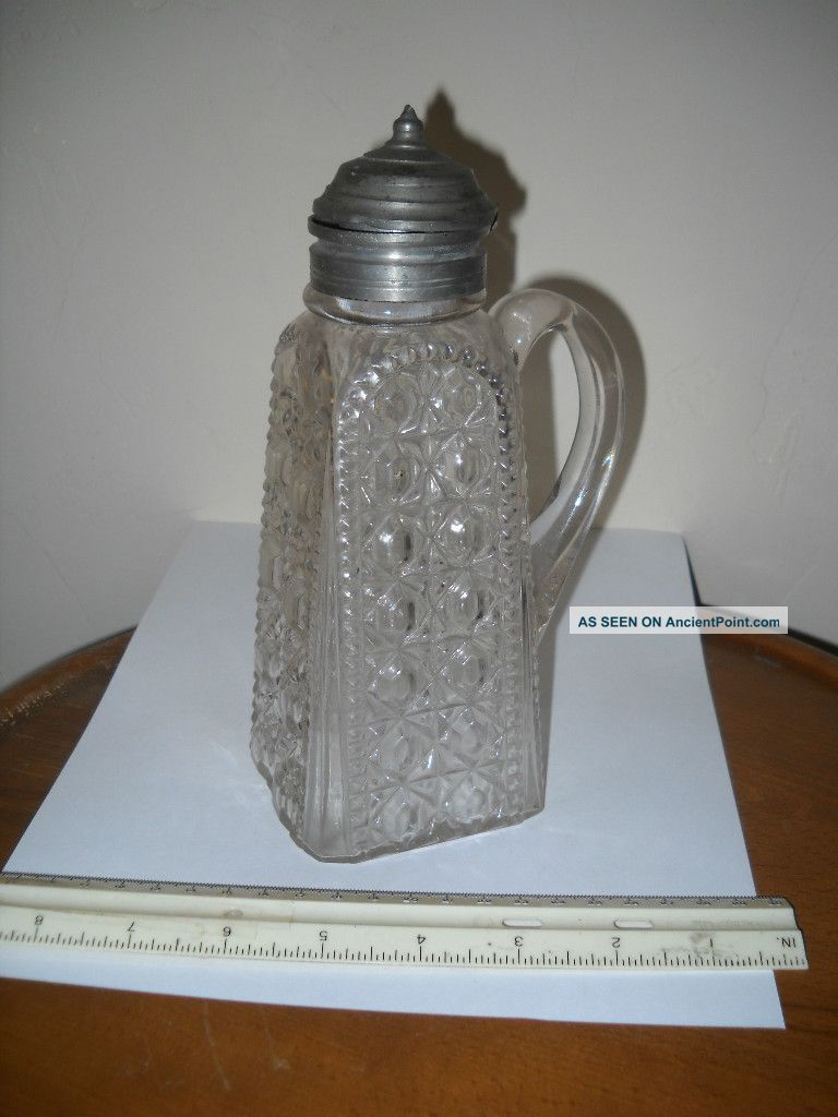Antique Glass Syrup Pitcher,  Tin Top Pat.  July 15,  1884.  Cast In Top Pitchers photo