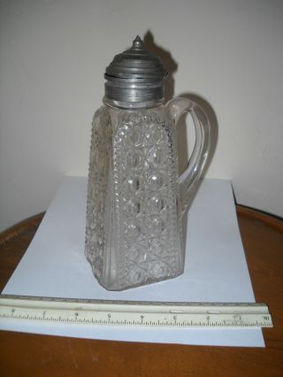 Antique Glass Syrup Pitcher,  Tin Top Pat.  July 15,  1884.  Cast In Top photo