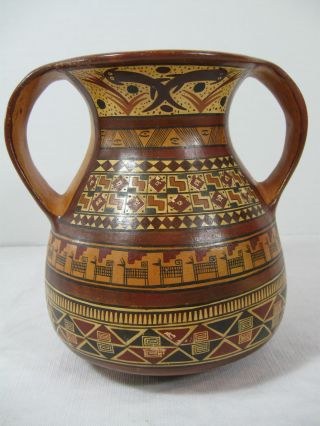 Vintage Peru Inca Cuzco 1971 Burnished Slip Glaze Pottery 2 Handled Vase Jug photo