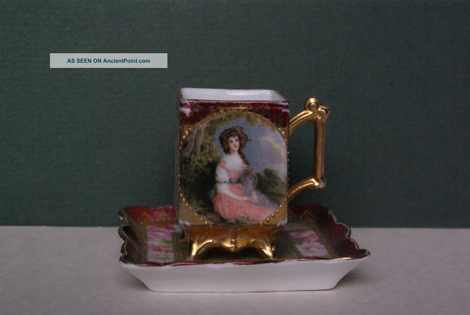 Footed Antique Cup & Saucer Demitasse Gilded & Hand Painted Circa 1920 Cups & Saucers photo