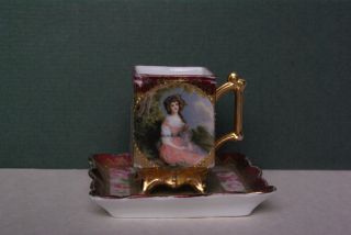 Footed Antique Cup & Saucer Demitasse Gilded & Hand Painted Circa 1920 photo