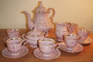 Czech 14k Rose Porcelain Demitasse Set Saucers Cups Coffee Tea Kettle Sugar Milk photo