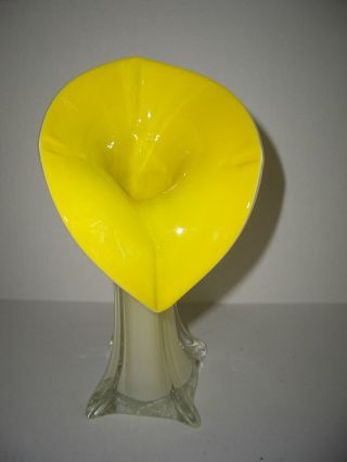 Vintage Art Glass Yellow White Clear Glass Vase Flower Jack Pulpit Calla Lily photo