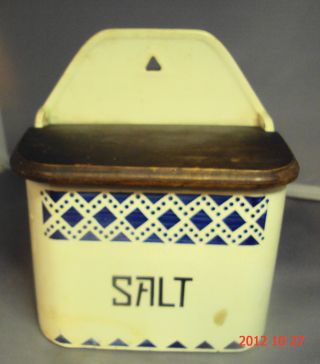 Vintage Bazar Staffel Germany Porcelain Salt Box Wood Lid photo