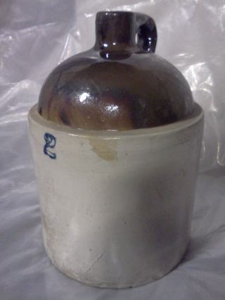 Antique 2 Gallon Stoneware Jug Tan And Brown/black Swirl With Blue 