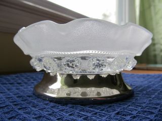 Antique Glass Berry Bowl Fluted With Opalescent Rim Silver Base Mint photo