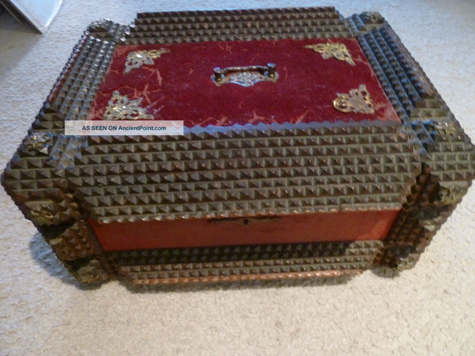 Large Handcarved Tramp Art Sewing Box Boxes photo