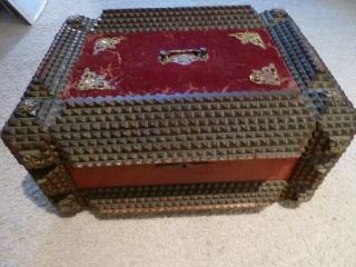 Large Handcarved Tramp Art Sewing Box photo