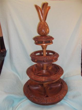 Mid Century Modern Teak 4 Tier Wood Lazy Susan Philippines Hand Carved 3 Ft Tall photo