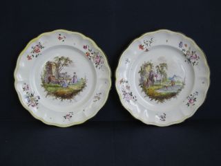 Antique Rare Pair French Marseille Hand Painted Porcelain Painting Plates photo