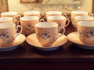 Set Of 8 Vintage Pink Fine Porcelain Tea Cups And Saucers Birds Gold Trim photo