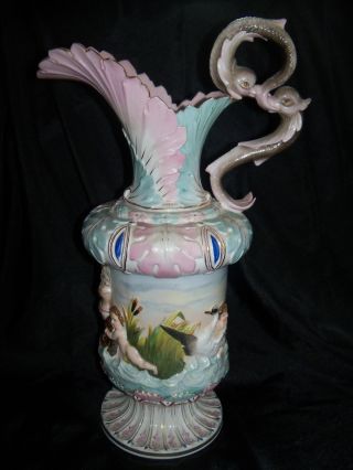 Italian Capodimonte Porcelain Ewer/pitcher Dolphin Fish Handles Hand Painted photo